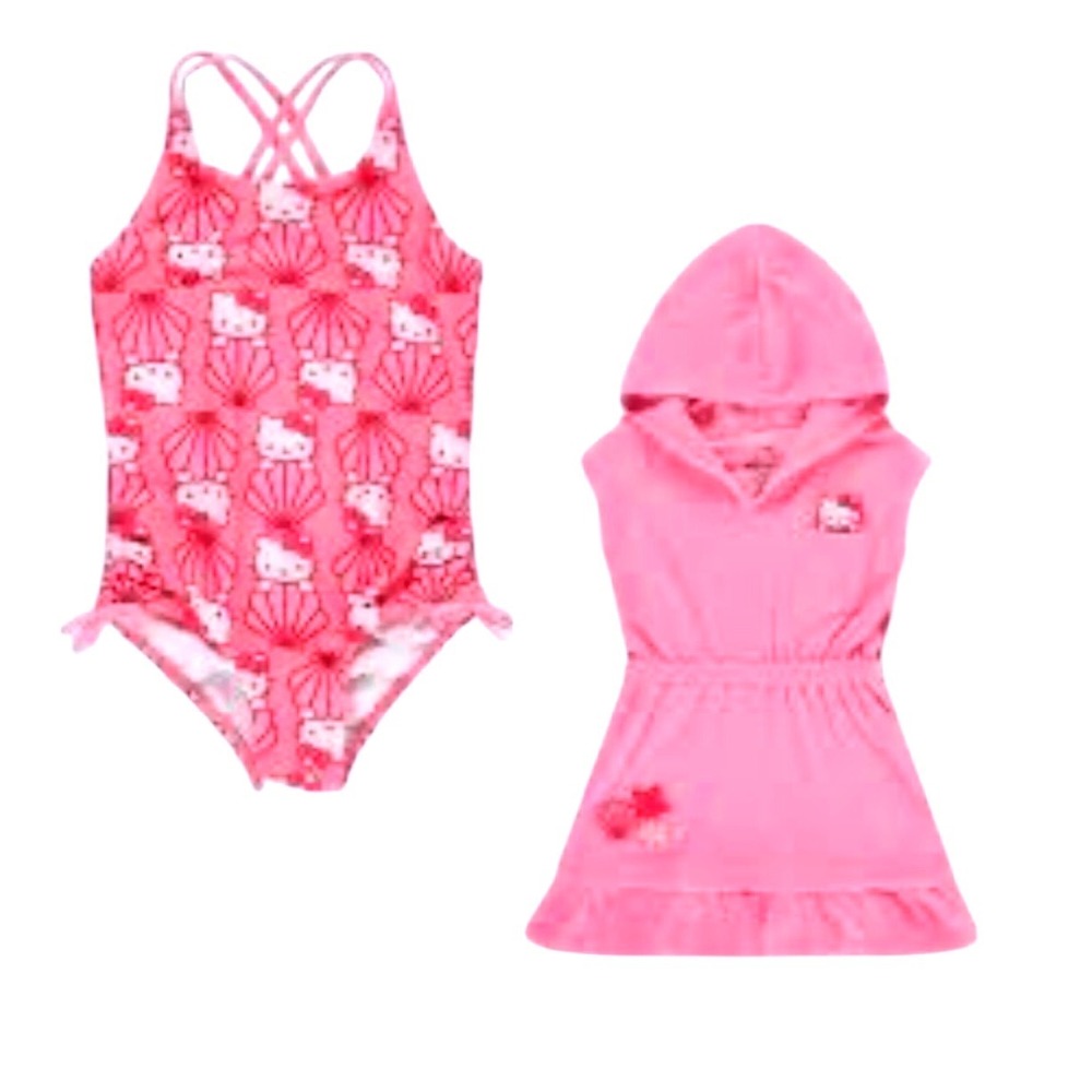 Hello Kitty Pink Shell Swimsuit and Hooded Terry Cover Up Set‎ 2T Sanrio Mermaid